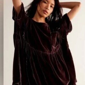 We the Free Moon City Velvet Babydoll Mini Dress Tunic Plum Raisin Sz M
